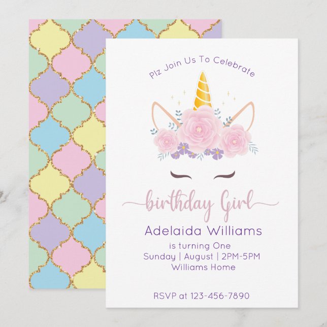 Unicorn Birthday Girl Einladung (Vorne/Hinten)