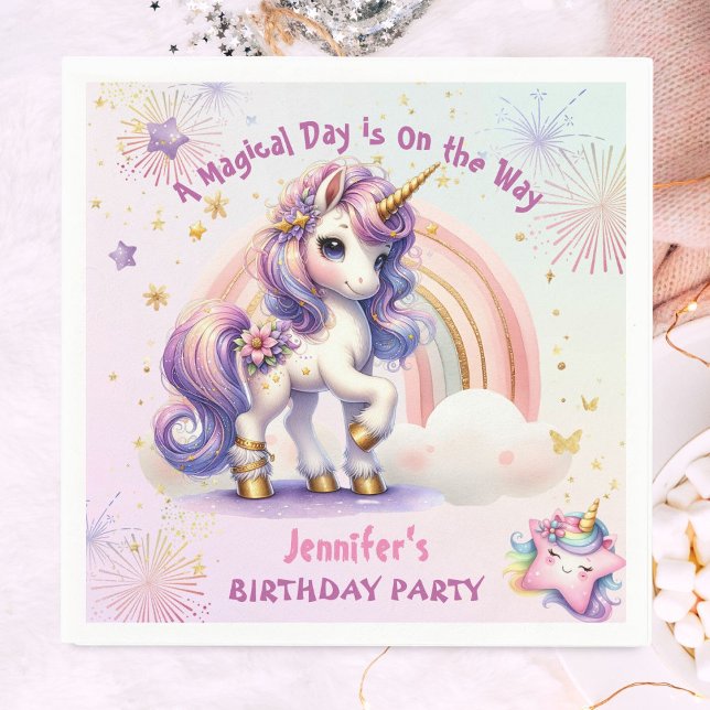 Unicorn Birthday Girl Lila Gold Rainbow Paper Serviette (Von Creator hochgeladen)