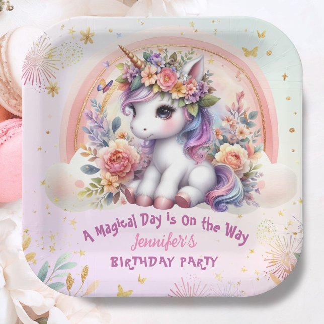 Unicorn Birthday Girl Pink Floral Rainbow Pappteller (Von Creator hochgeladen)