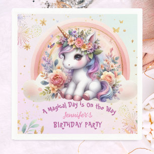 Unicorn Birthday Girl Pink Floral Rainbow Serviette