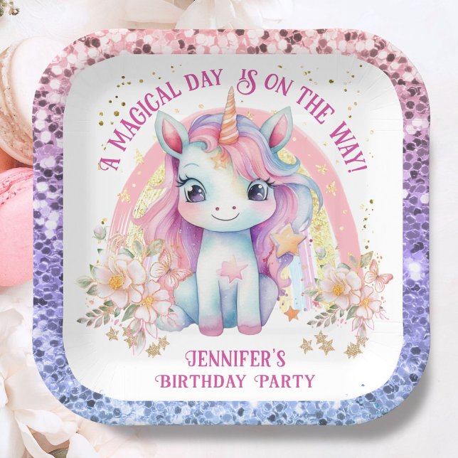 Unicorn Birthday Girl Pink Rainbow Glitzer Pappteller (Von Creator hochgeladen)