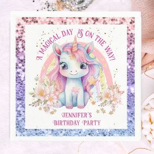 Unicorn Birthday Girl Pink Rainbow Glitzer Serviette