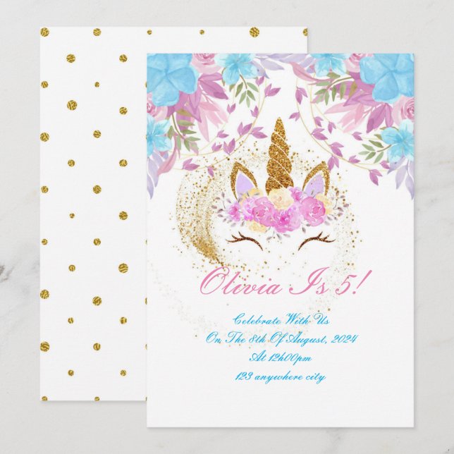UNICORN BIRTHDAY GOLD PINK LILA EINLADUNG (Vorne/Hinten)