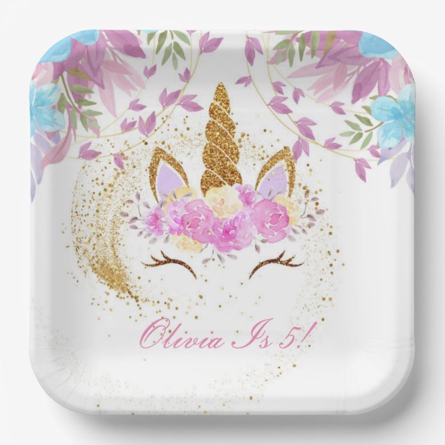UNICORN BIRTHDAY GOLD PINK LILA PAPPTELLER (Vorderseite)