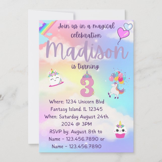 Unicorn Birthday Invite Einladung (Vorderseite)