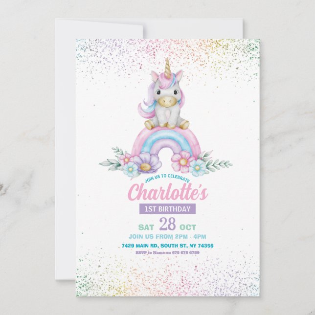 Unicorn Birthday Invite Girl Rainbow Glitzer Niedl Einladung (Vorderseite)