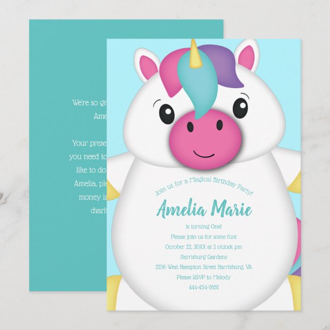 Unicorn Birthday Party Einladung (Vorne/Hinten)