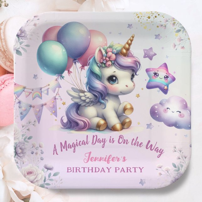 Unicorn Birthday Party Girl Lila & Gold Paper Pappteller (Von Creator hochgeladen)