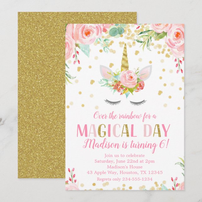 Unicorn Birthday Party Gold Glitzer Blume Einladung (Vorne/Hinten)