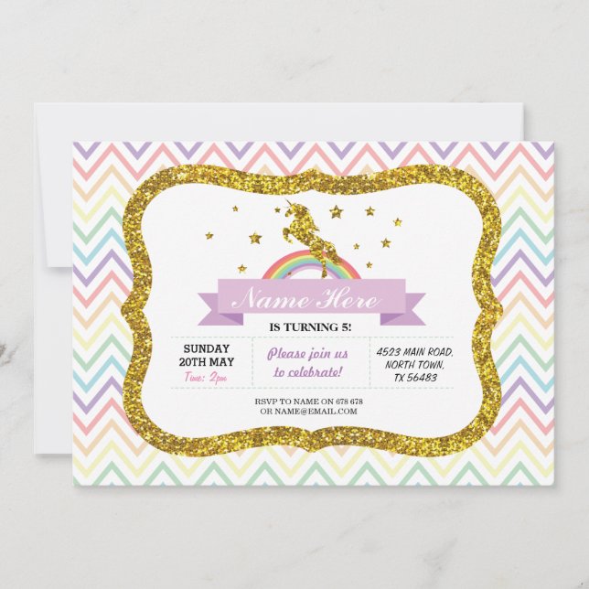 Unicorn Birthday Party Gold Glitzer Rainbow Einlad Einladung (Vorderseite)