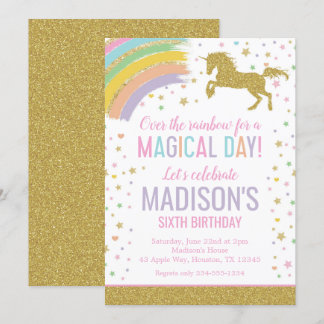 Unicorn Birthday Party Rainbow Gold Glitzer Einladung