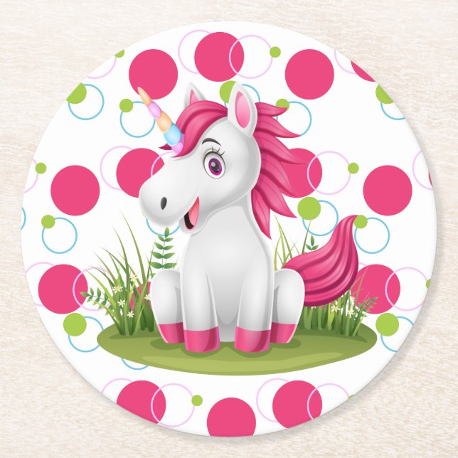 Unicorn Birthday Theme Runder Pappuntersetzer (Vorderseite)