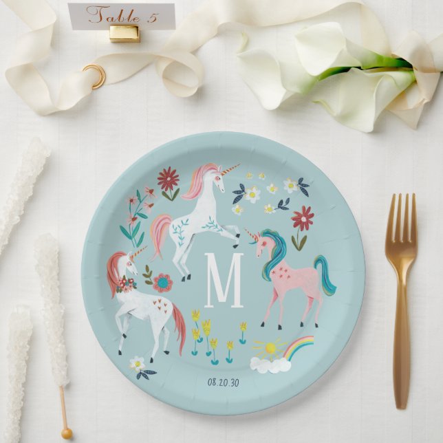 Unicorn blauer niedlicher magischer Girls Monogram Pappteller (Hochzeit)