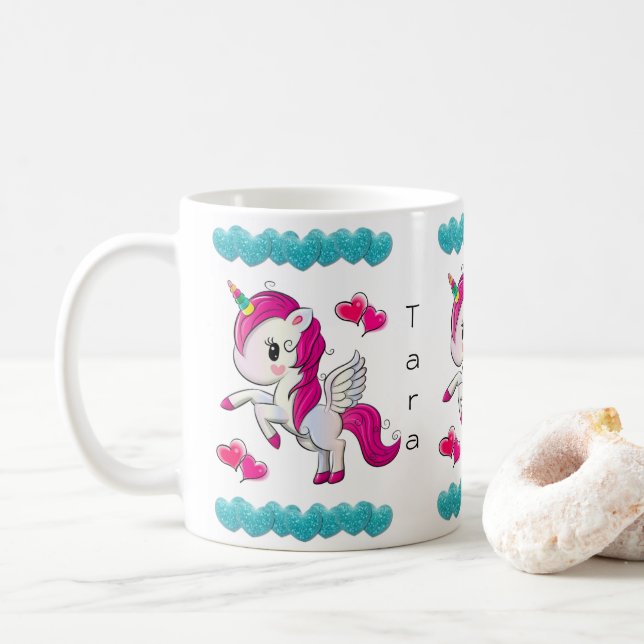 Unicorn Bleu Coeurs Mug (Avec donut)