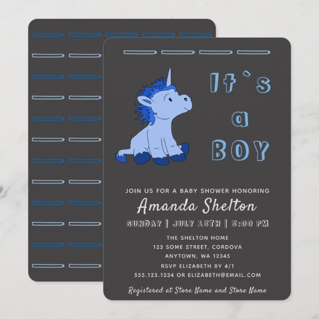 Unicorn Blue Baby Boy Shower Invitation Card (Devant / Derrière)