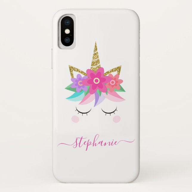 Unicorn Blume Gold Glitzer Personalisiert Case-Mate iPhone Hülle (Rückseite)