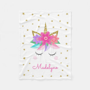 Unicorn Blume Gold Glitzer Personalisiert Girly Fleecedecke