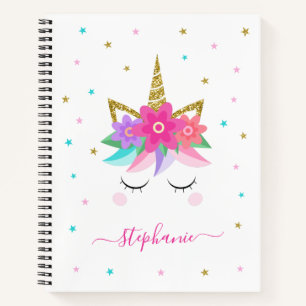 Unicorn Blume Gold Glitzer Personalisiert Notizbuch