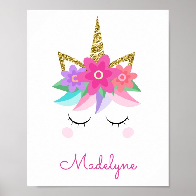 Unicorn Blume Gold Glitzer Personalisierter Name Poster (Vorne)