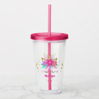 Unicorn Blume Gold Glitzer Stars Personalisiert Acryltrinkbecher