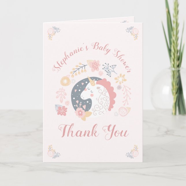 Unicorn Blush Florals Babydusche Personalisiert Dankeskarte (Vorderseite)
