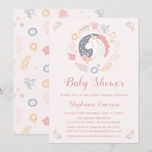 Unicorn Blush Florals Kinderdusche Einladungen (Vorne/Hinten)