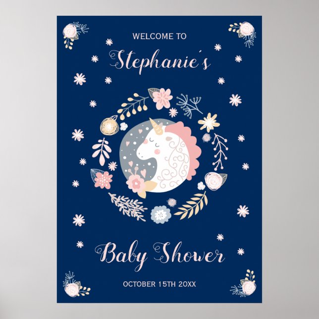 Unicorn Blush & Navy Baby Dusche Personalisiert Poster (Vorne)