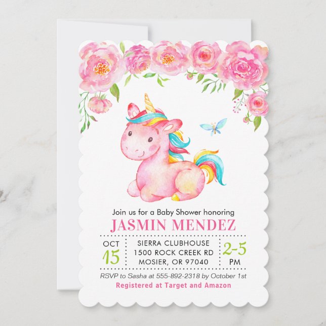 Unicorn Blütenpinke Mädchen Kinderdusche Sprinkle Einladung (Vorderseite)