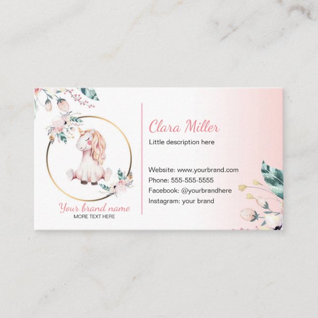 Unicorn boho Visitenkarte Aquarell aquamarin rosa (Vorderseite)