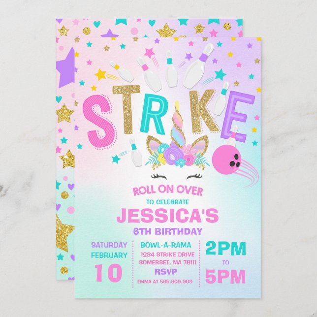 Unicorn Bowling Invitation Bowling Birthday Party (Devant / Derrière)