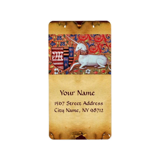 UNICORN BROWN PARCHMENT Monogramm Adressaufkleber (Vorne)
