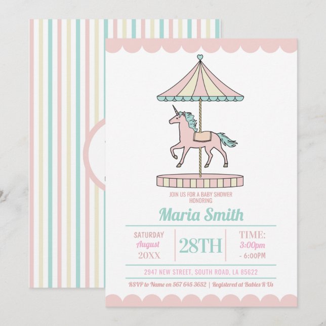 Unicorn Carousel Baby shower Invitation Pink Mint (Devant / Derrière)