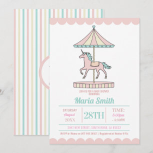 Unicorn Carousel Baby shower Invitation Pink Mint