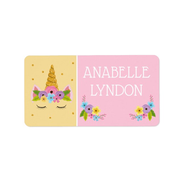 Unicorn Child School Name Labels | Editierbare Far Adressaufkleber (Vorne)