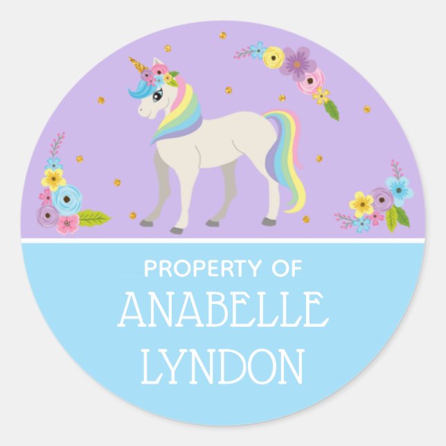 Unicorn Child School Name Labels | Editierbare Far Runder Aufkleber (Vorderseite)