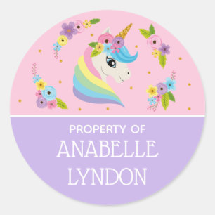 Unicorn Child School Name Labels   Editierbare Far Runder Aufkleber