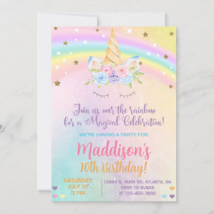 Unicorn couleurs pastel Fille invitation d'anniver