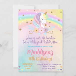 Unicorn couleurs pastel Fille invitation d'anniver