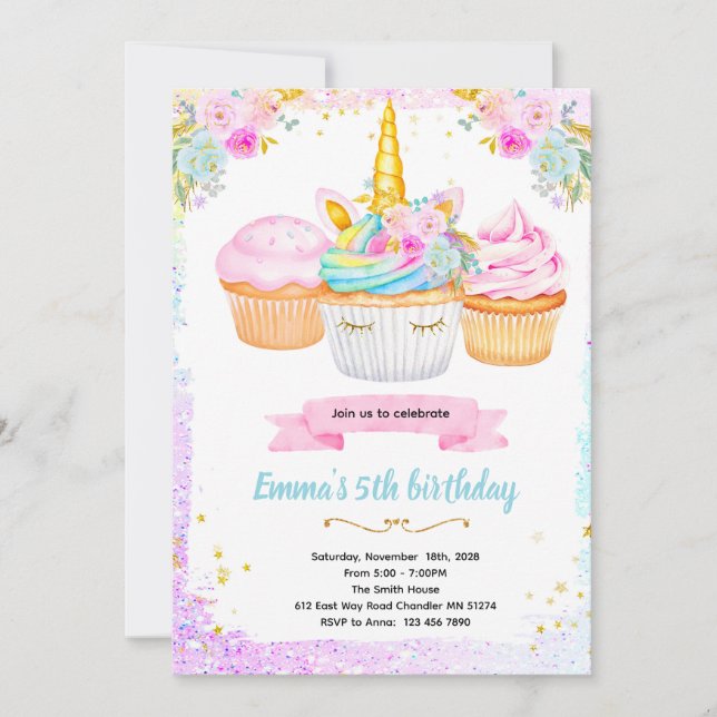 Unicorn cupcake birthday party invitation einladung (Vorderseite)