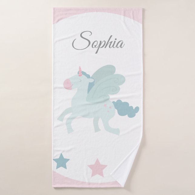 Unicorn Custom Name Cute Pink Blue  (Serviette de bain)