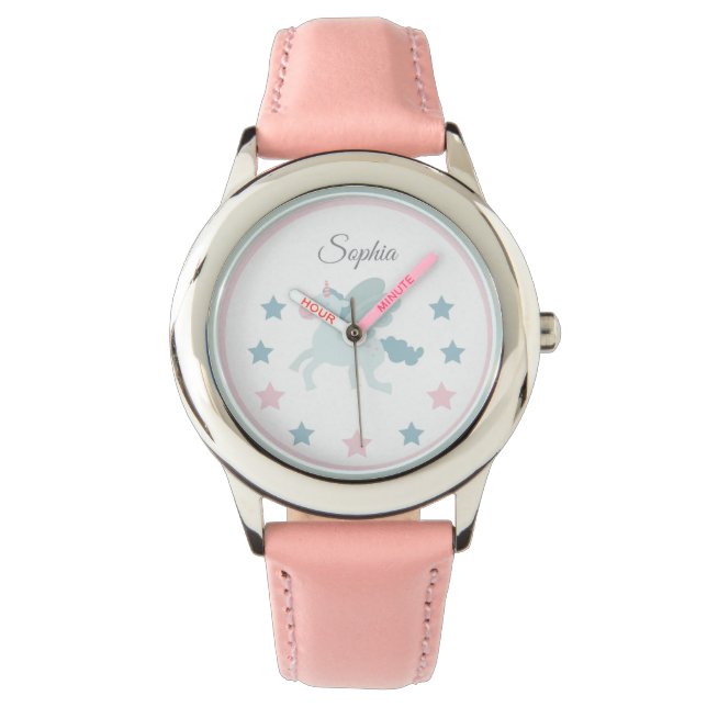 Unicorn Custom Name Cute Pink Blue  Armbanduhr (Vorderseite)