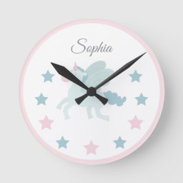 Unicorn Custom Name Cute Pink Blue Runde Wanduhr