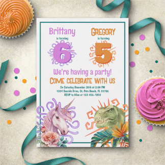 Unicorn Dinosaur Gemeinsamer Geburtstag Einladung