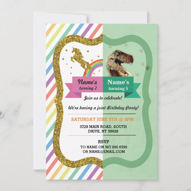 Unicorn & Dinosaur Joint Garçon fille Invitations  (Devant)