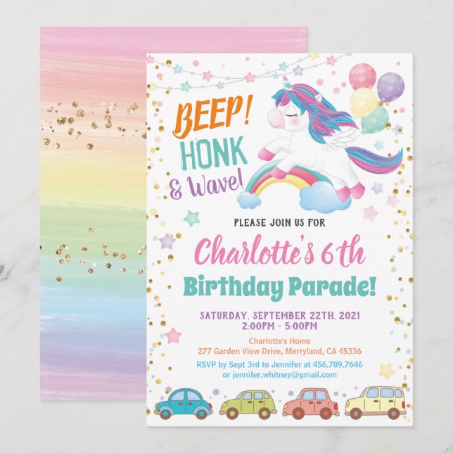 Unicorn Drive Through Girl Birthday Parade Einladung (Vorne/Hinten)