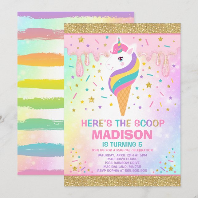 Unicorn-Eiscreme-Einladungs-magisches Einladung (Vorne/Hinten)