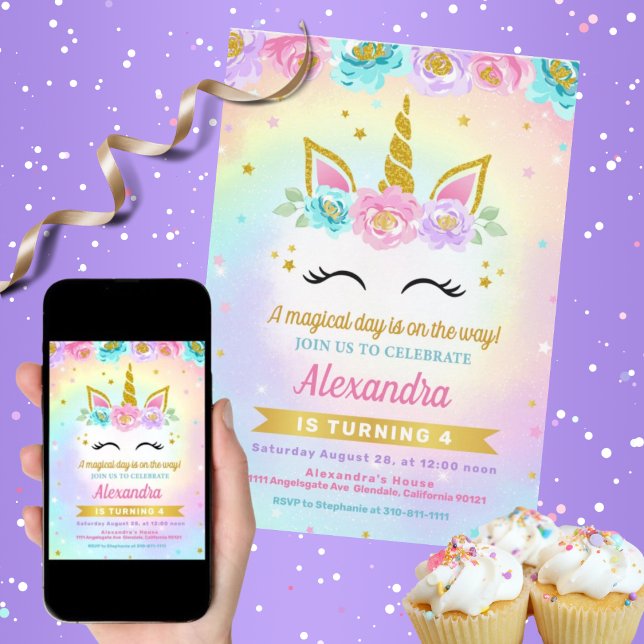 Unicorn et Rose Anniversaire de enfant Invitation (Magical Unicorn and Roses Birthday Invitation-Fully Customized!)