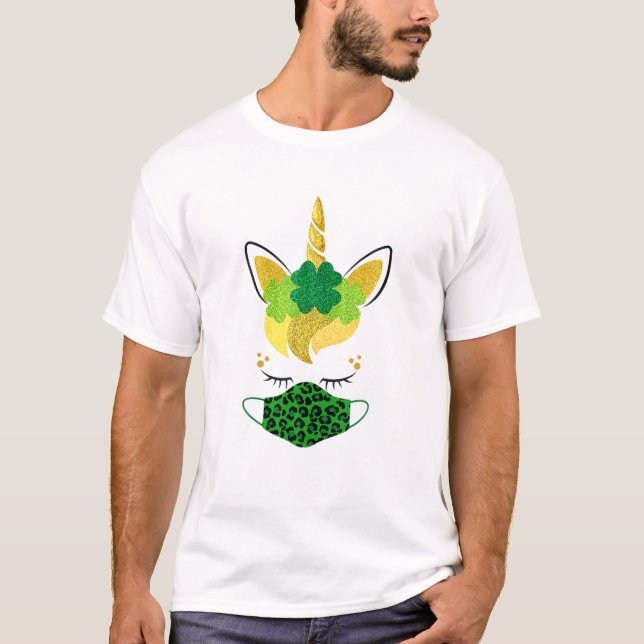 Unicorn Face Kleeblatts Facemask St Patrick's Day  T-Shirt (Vorderseite)