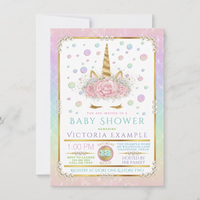 Unicorn Face Pearl Unicorn Kinderdusche Einladunge Einladung (Vorderseite)
