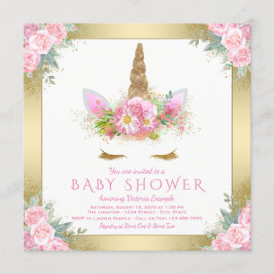Unicorn Face Pink Gold Baby Einladungen